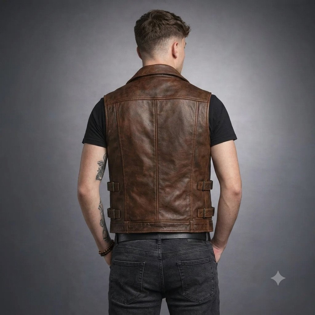 Men's Brown Leather Motorcycle Vest | Sleeveless Biker Vest with Multiple Pockets Men's Brown Leather Motorcycle Vest | Sleeveless Biker Vest with Multiple Pockets
