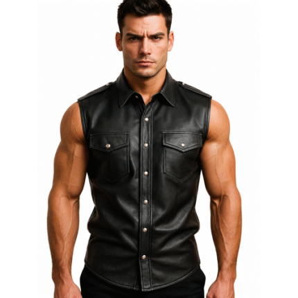 Men’s Black Leather Motorcycle Vest Genuine Leather Biker Vest