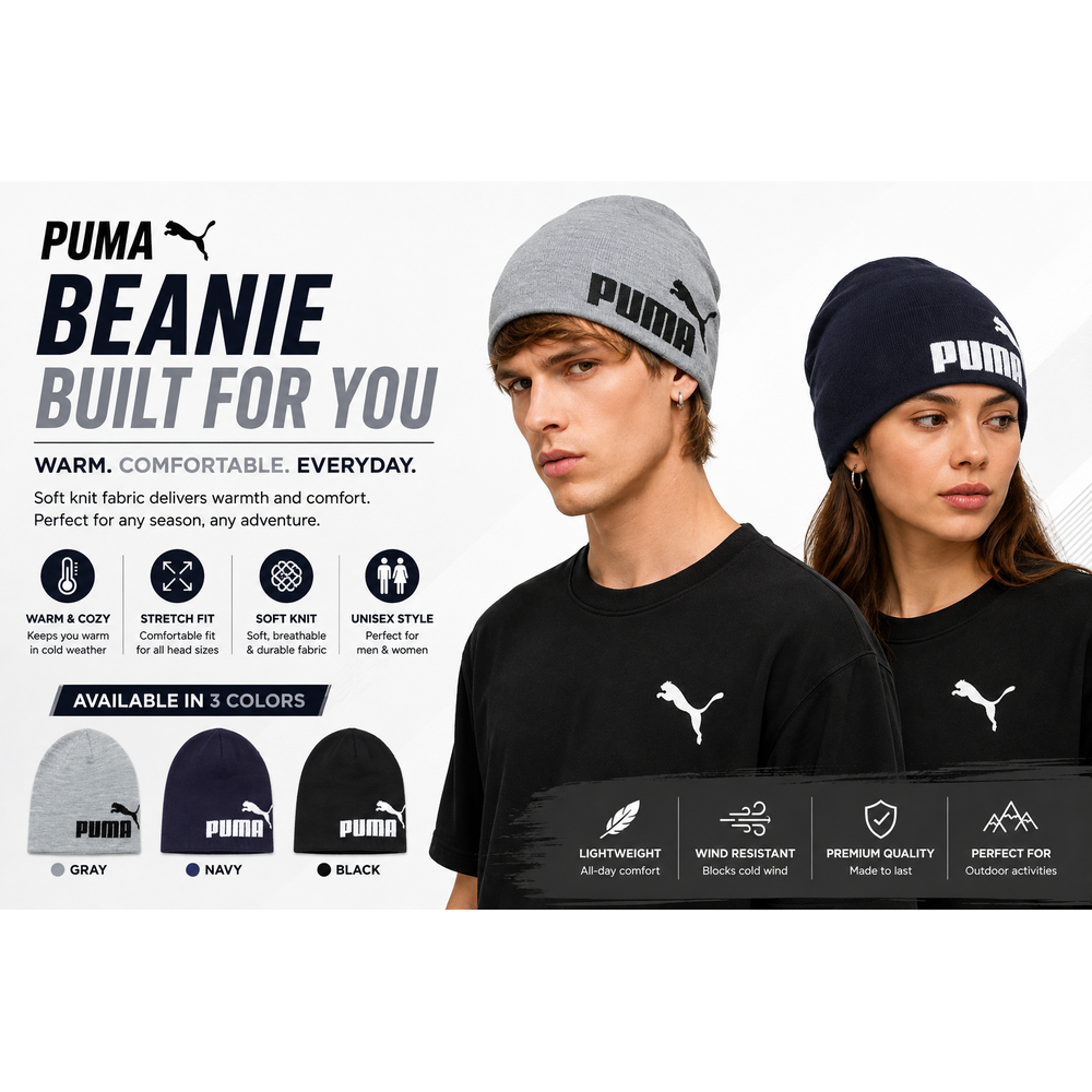 PUMA Classic Logo Knit Beanie Cap Grey Navy Winter Sportswear