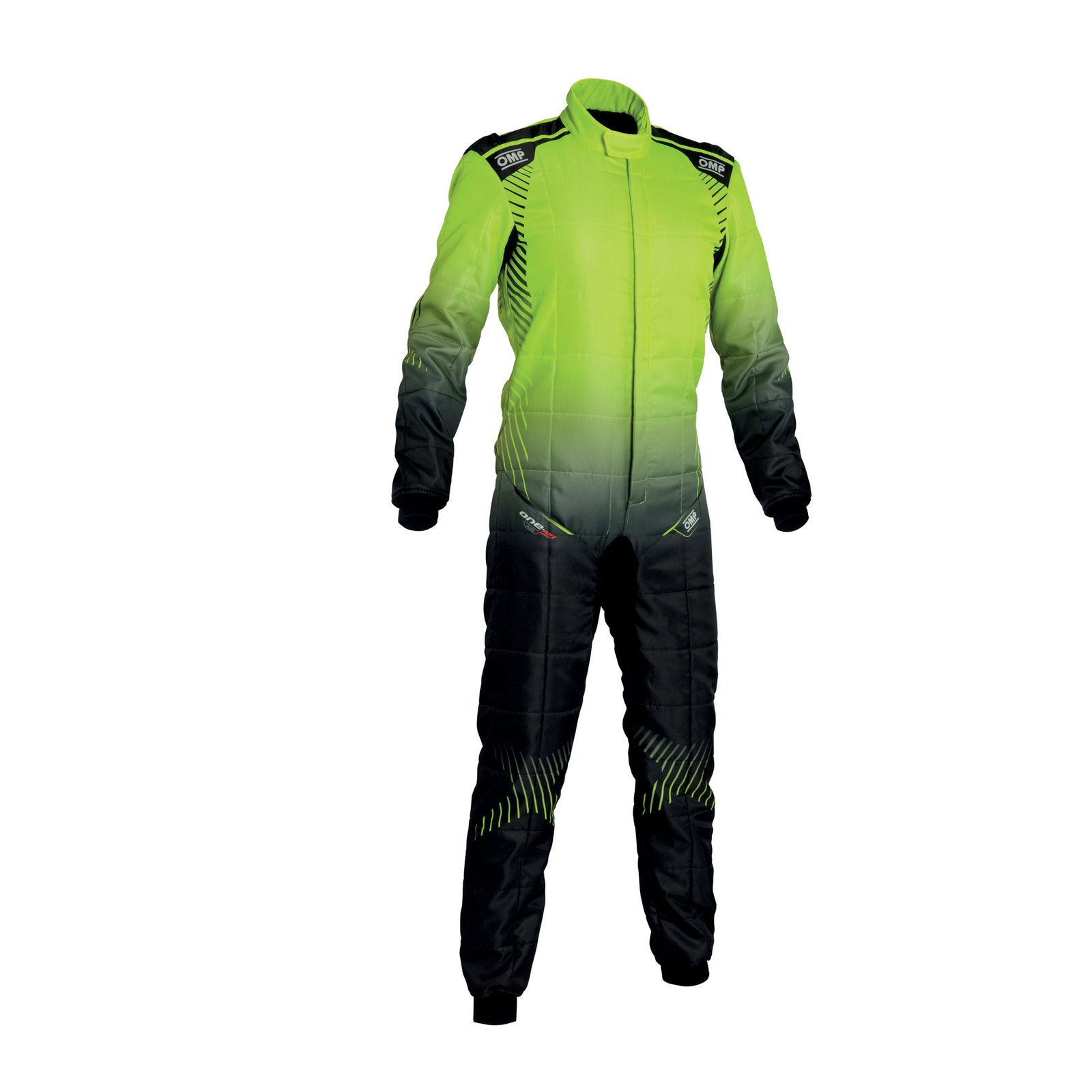 Digitally printed OMP KS-3 go-kart racing suit featuring a vibrant neon yellow to black gradient design, vertical leg striping, and CIK-FIA level 2 certification tags. Digitally printed OMP KS-3 go-kart racing suit featuring a vibrant neon yellow to black gradient design, vertical leg striping, and CIK-FIA level 2 certification tags.