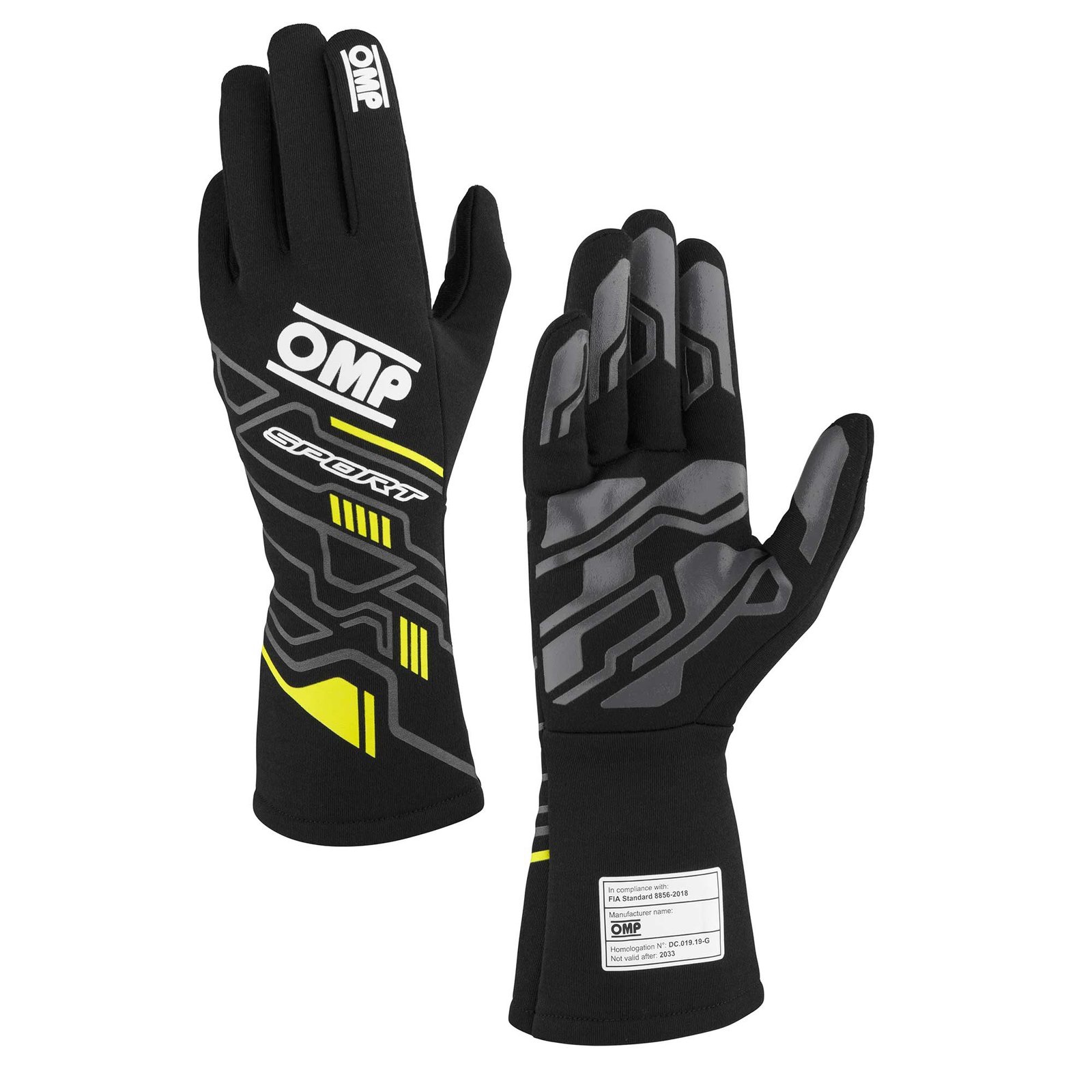 Pair of black and neon yellow OMP Sport karting gloves showing the palm design and protective top padding with the OMP logo prominently displayed. Pair of black and neon yellow OMP Sport karting gloves showing the palm design and protective top padding with the OMP logo prominently displayed.
