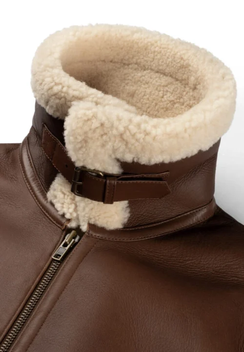 Kartwears Men's Brown Shearling Collar Leather Bomber Jacket – Zip Front & Buckle Collar