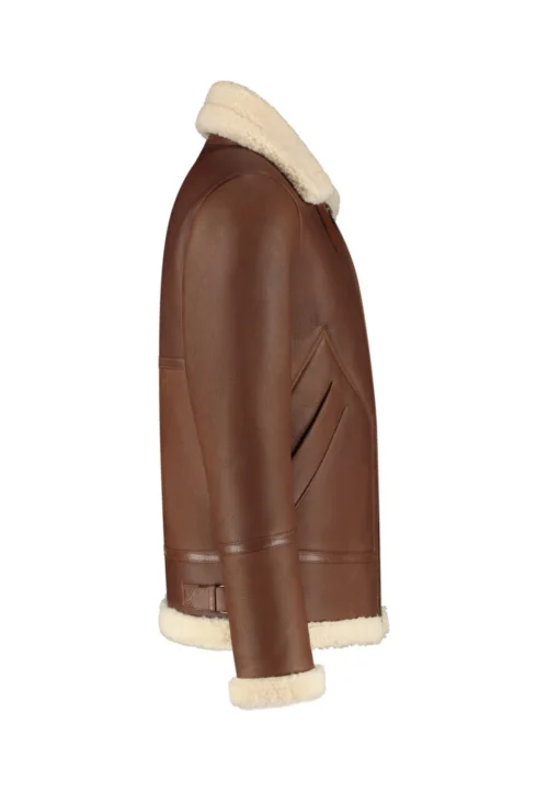 Kartwears Men's Brown Shearling Collar Leather Bomber Jacket – Zip Front & Buckle Collar