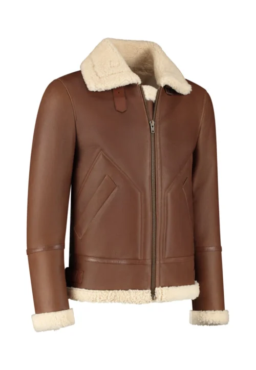 Kartwears Men's Brown Shearling Collar Leather Bomber Jacket – Zip Front & Buckle Collar