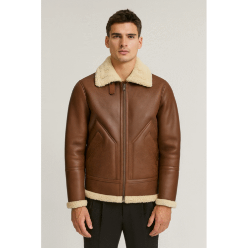 Kartwears Men's Brown Shearling Collar Leather Bomber Jacket – Zip Front & Buckle Collar