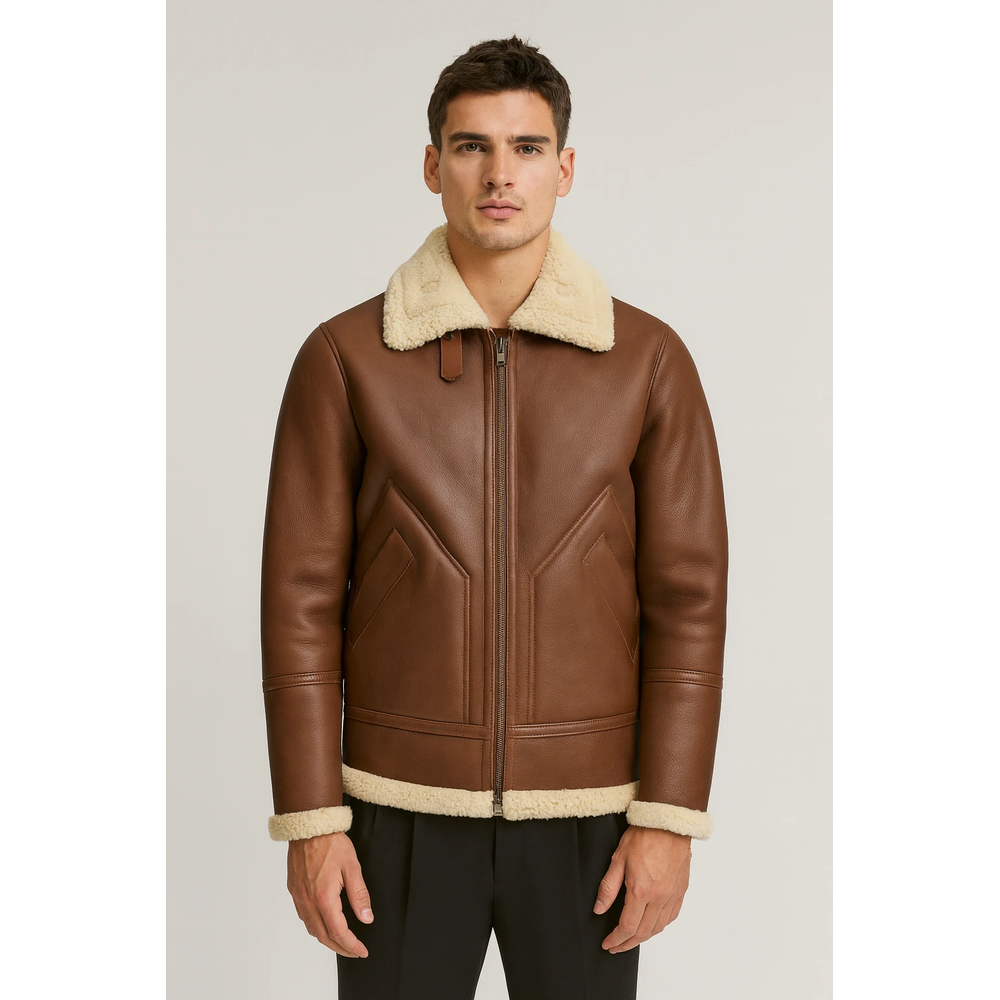 Kartwears Men's Brown Shearling Collar Leather Bomber Jacket – Zip Front & Buckle Collar