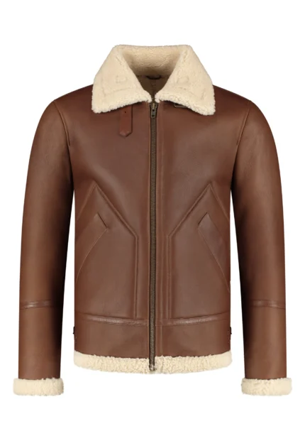Kartwears Men's Brown Shearling Collar Leather Bomber Jacket – Zip Front & Buckle Collar