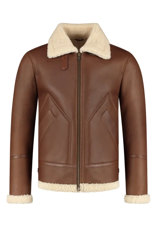 Kartwears Men's Brown Shearling Collar Leather Bomber Jacket – Zip Front & Buckle Collar