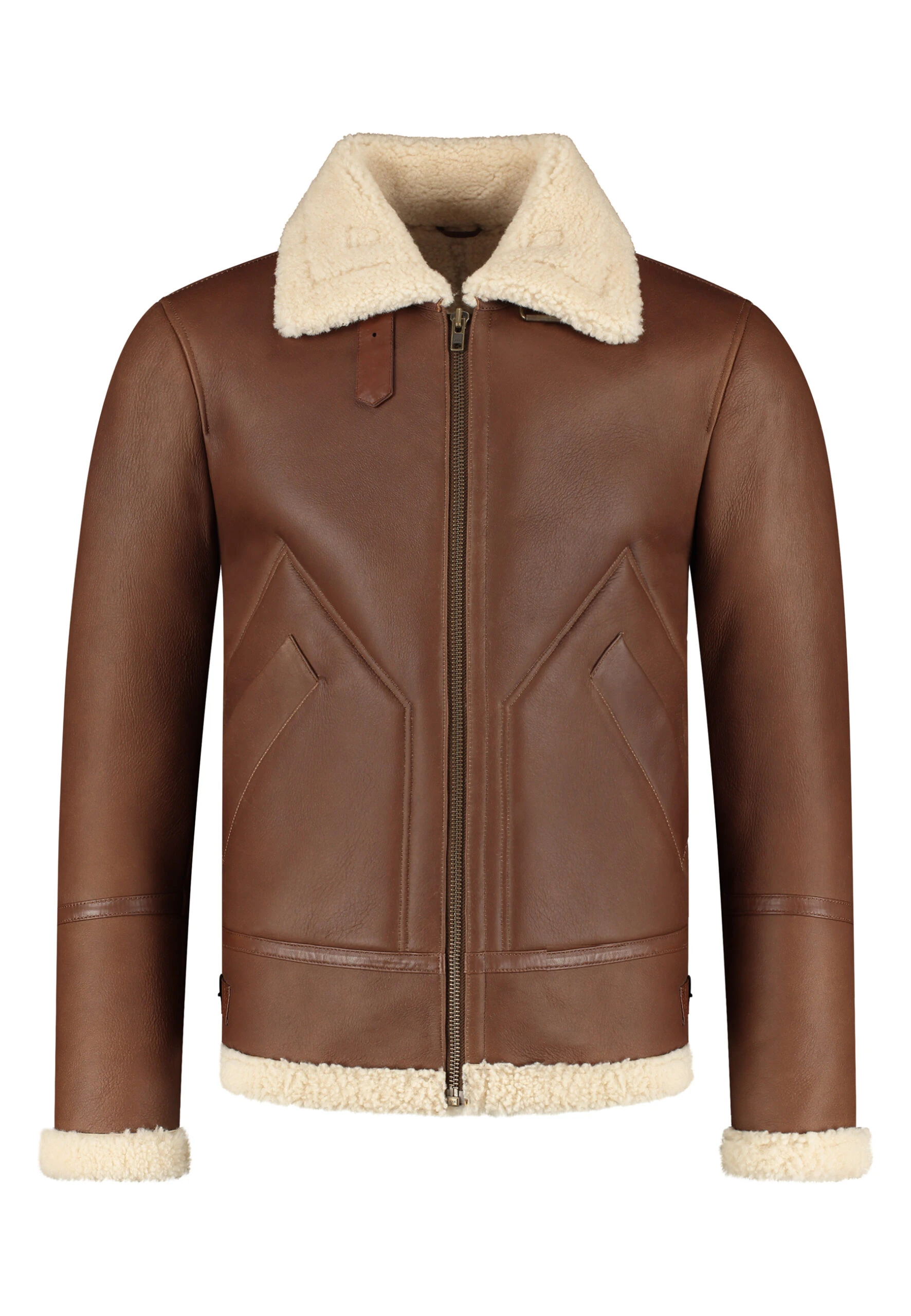 Kartwears Men's Brown Shearling Collar Leather Bomber Jacket – Zip Front & Buckle Collar