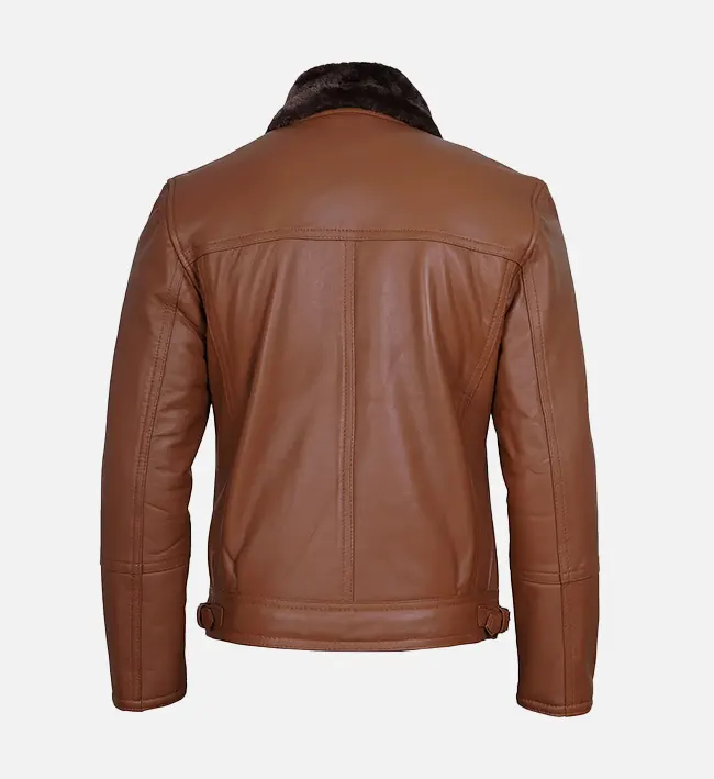 Kartwears Men's Cognac Leather Shearling Moto Jacket – Asymmetrical Zip & Lapel Collar