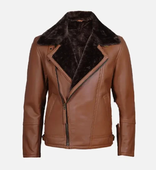 Kartwears Men's Cognac Leather Shearling Moto Jacket – Asymmetrical Zip & Lapel Collar