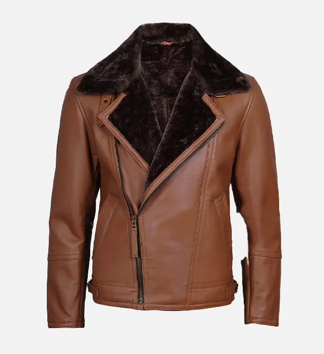 Kartwears Men's Cognac Leather Shearling Moto Jacket – Asymmetrical Zip & Lapel Collar