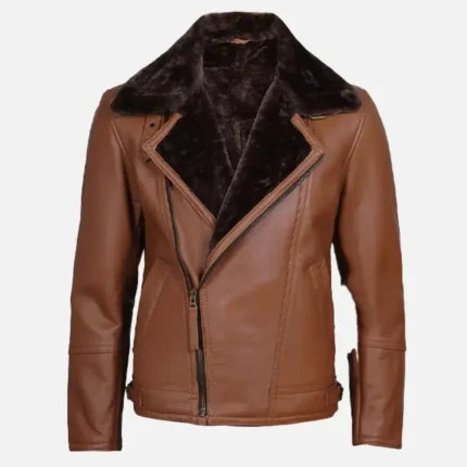 Kartwears Men's Cognac Leather Shearling Moto Jacket – Asymmetrical Zip & Lapel Collar
