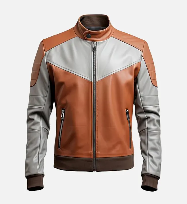 Kartwears Men's Rust Ash Grey Motorcycle Leather Jacket – Stand-Up Collar & Rib-Knitted Cuffs