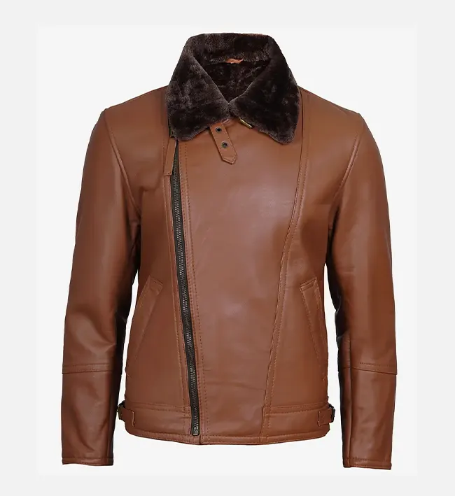 Kartwears Men's Cognac Leather Shearling Moto Jacket – Asymmetrical Zip & Lapel Collar