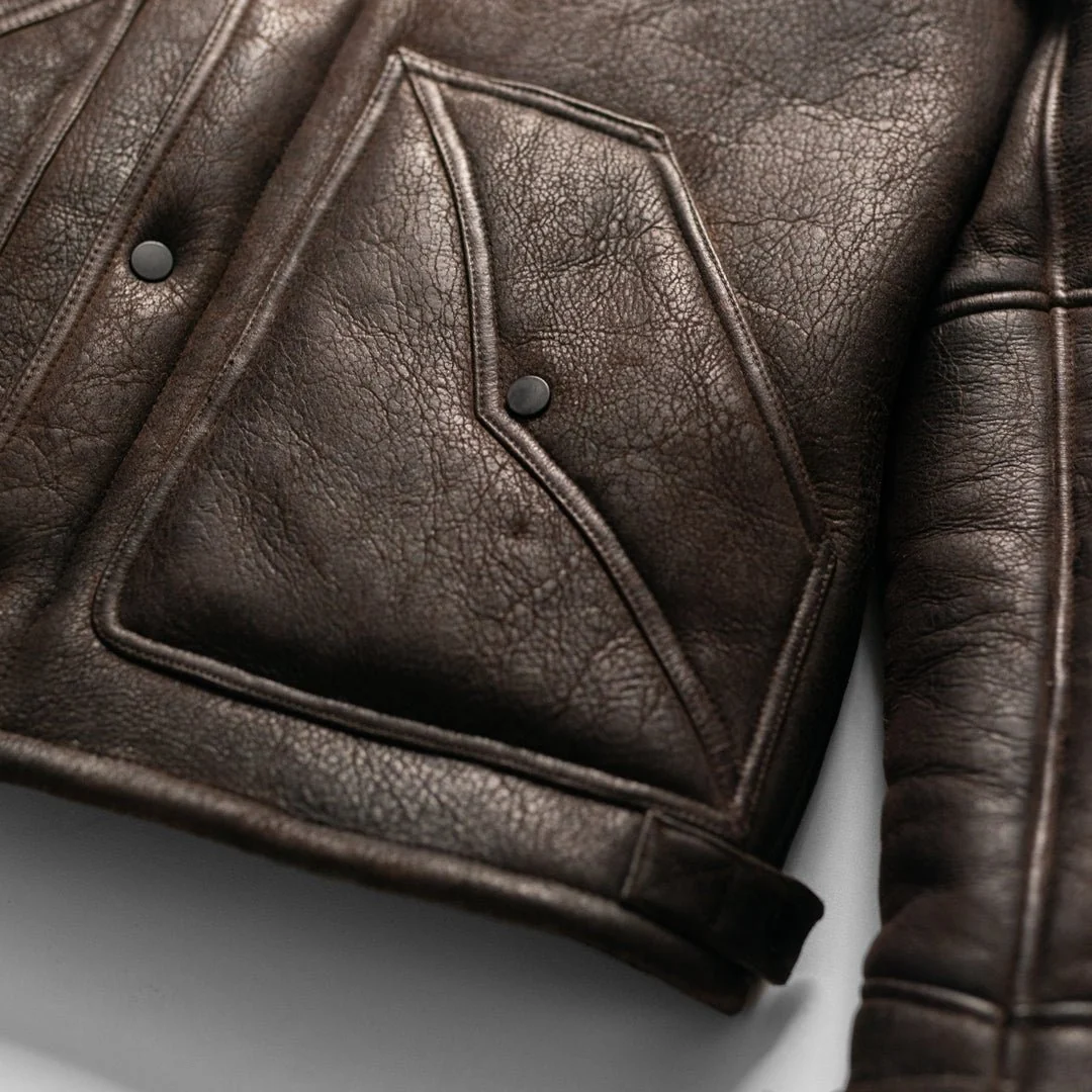 Kartwears Men's Genuine Grain Leather Shearling Bomber Jacket – YKK Zip & Snap Placket - Image 6