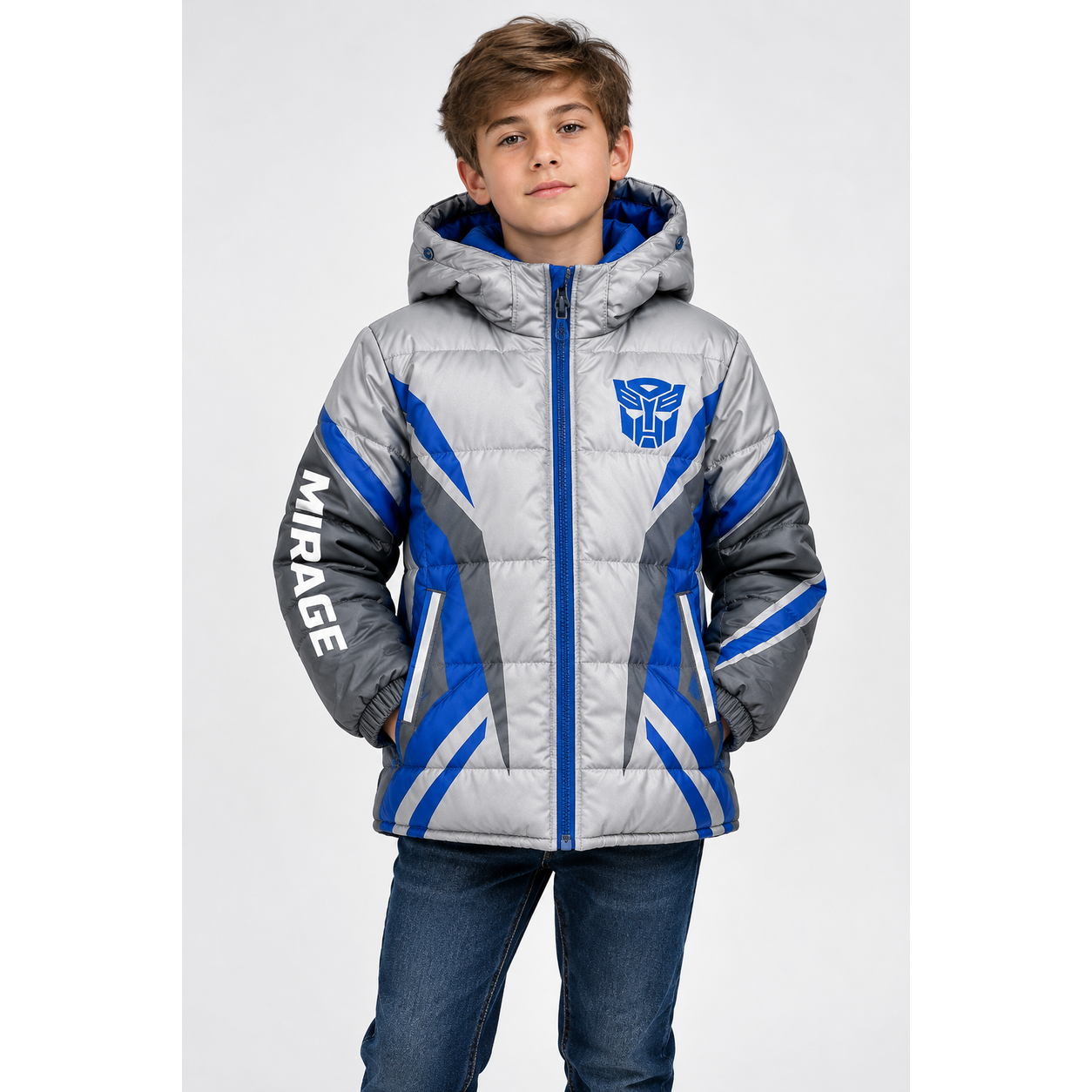 Transformers Mirage Winter Puffer Jacket – Kids Digital Print Autobot Coat - Image 1