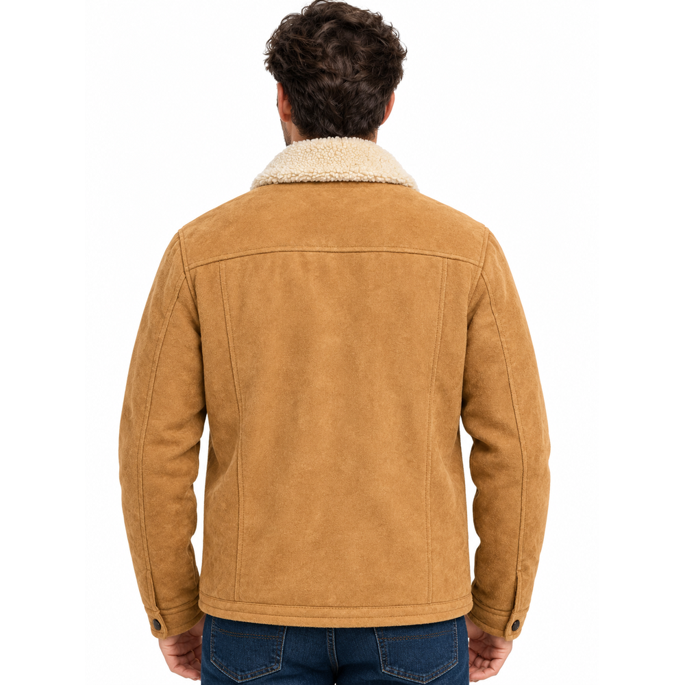 Kartwears Men's Camel Sherpa Suede Jacket – Shearling Collar & Button Front