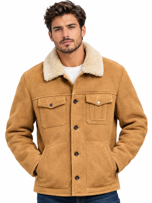 Kartwears Men's Camel Sherpa Suede Jacket – Shearling Collar & Button Front