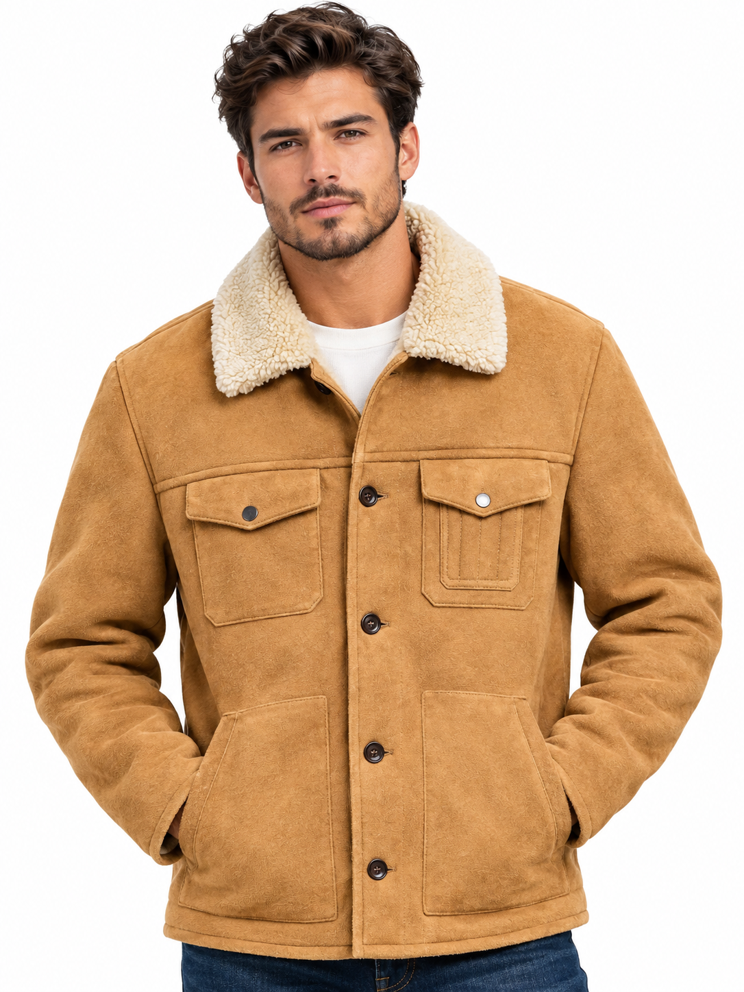 Kartwears Men's Camel Sherpa Suede Jacket – Shearling Collar & Button Front