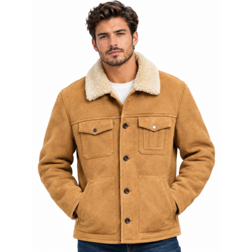 Kartwears Men's Camel Sherpa Suede Jacket – Shearling Collar & Button Front - Thumbnail Image 1