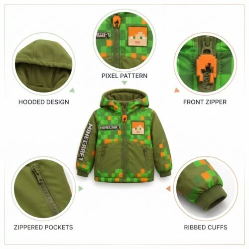 Minecraft Alex Winter Puffer Jacket – Kids Digital Print Coat - Thumbnail Image 4