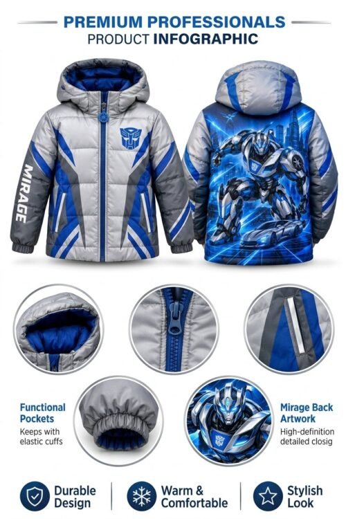 Transformers Mirage Winter Puffer Jacket – Kids Digital Print Autobot Coat - Thumbnail Image 5