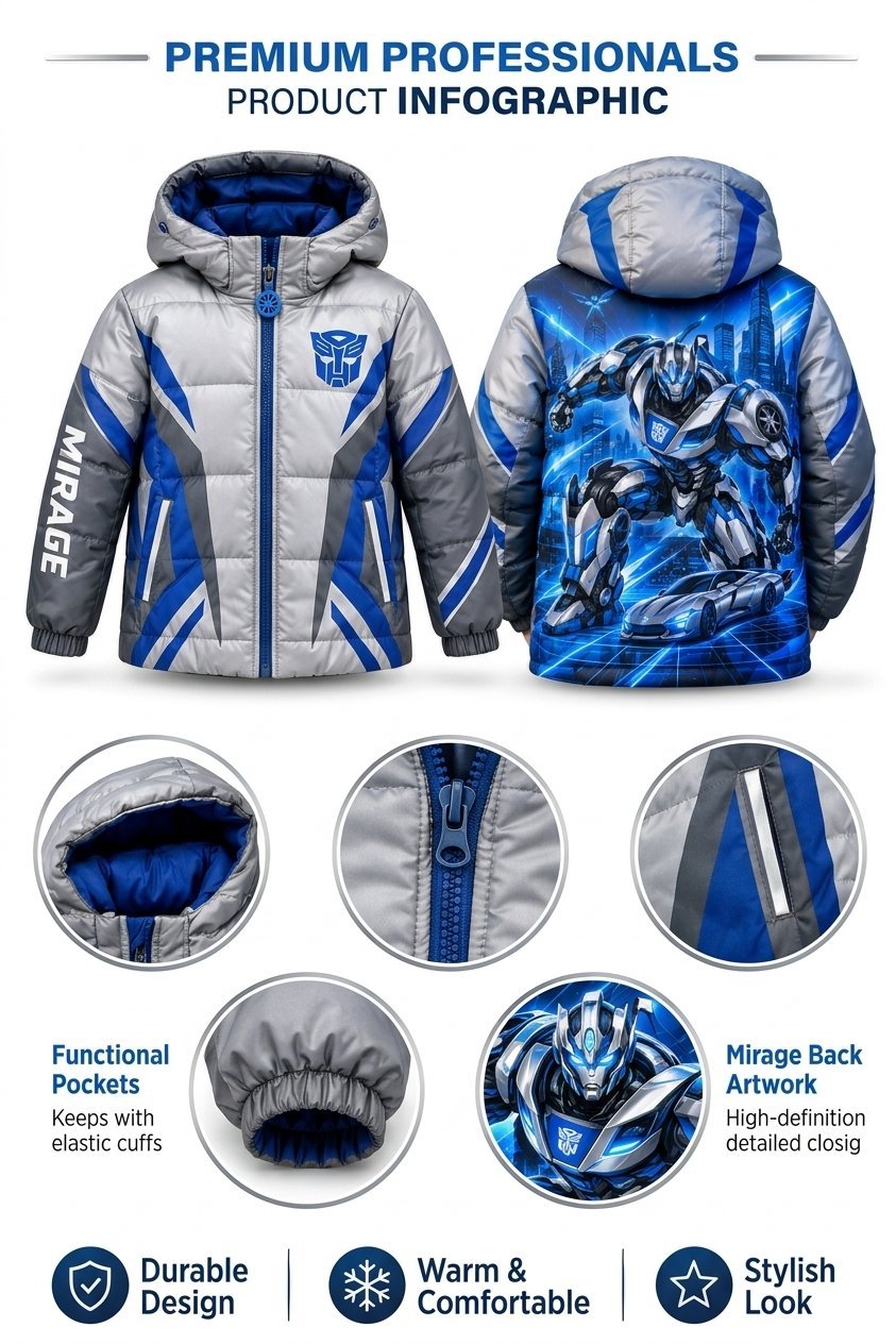 Transformers Mirage Winter Puffer Jacket – Kids Digital Print Autobot Coat - Image 5