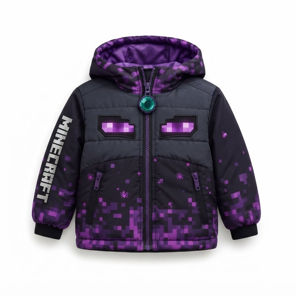 Kids Minecraft Enderman Puffer Jacket Size 3-13 Years | Gaming Outerwear