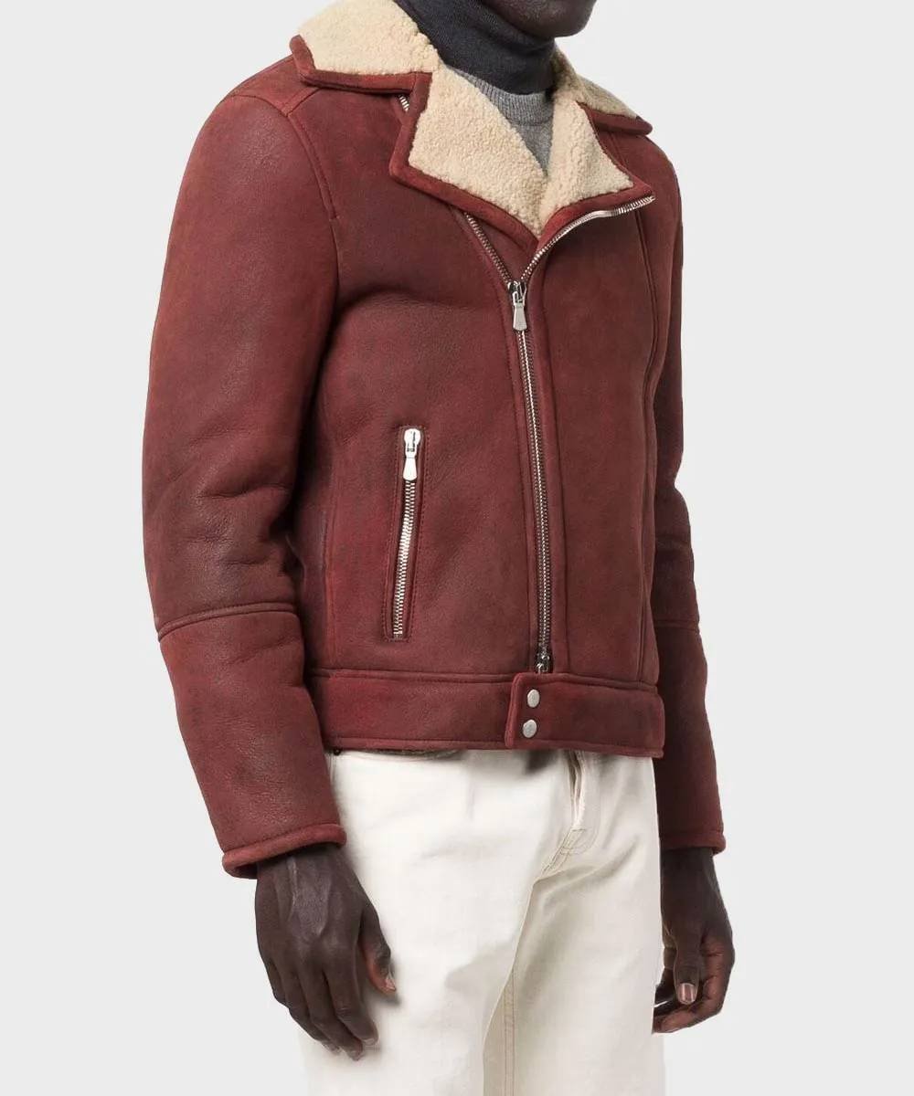Kartwears Men's Burgundy Sheepskin Leather Shearling Jacket – Asymmetrical Zip