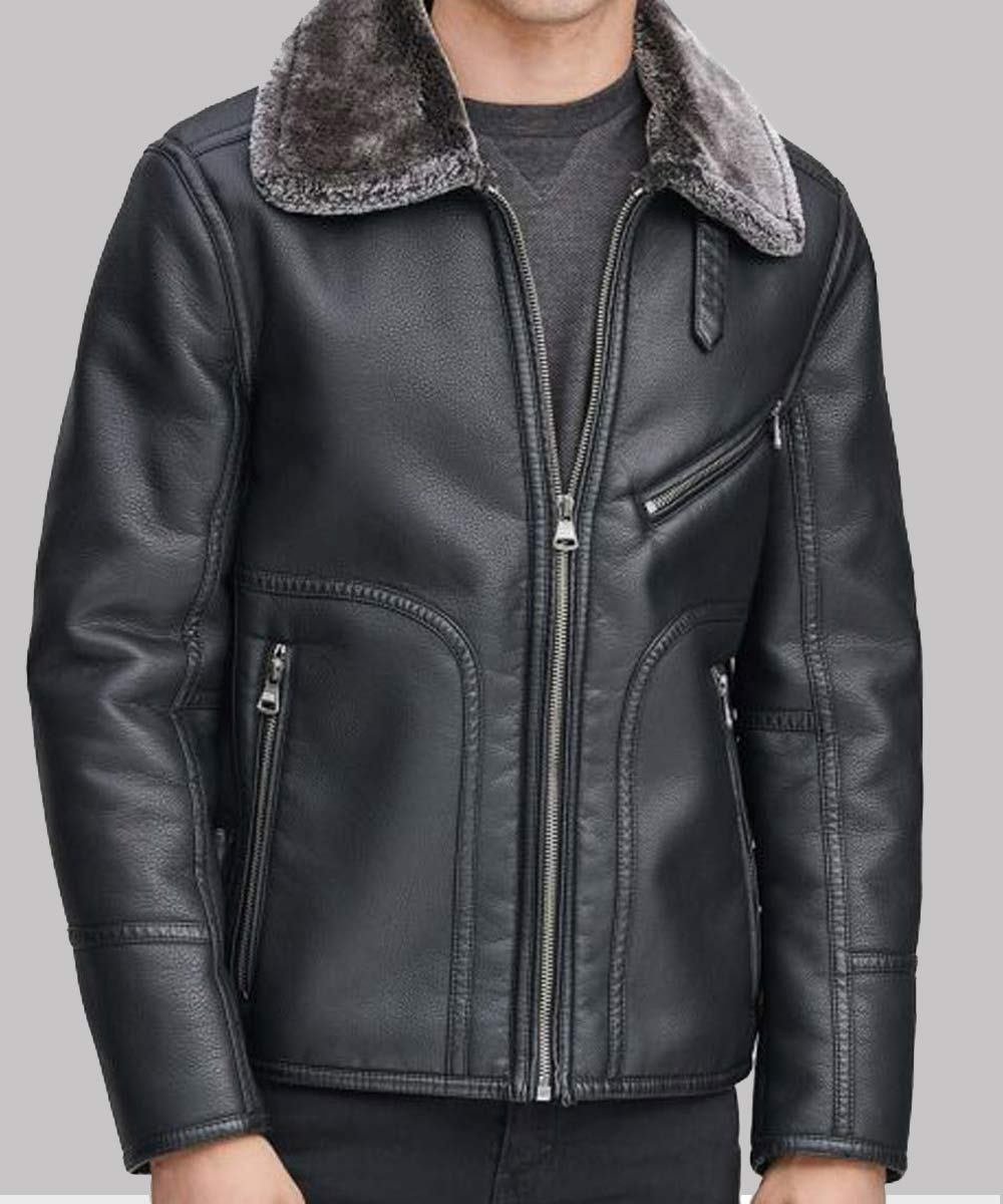 Kartwears Men's Black Leather Faux Shearling Collar Jacket – Front Zip & Pockets - Image 3