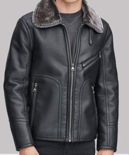 Kartwears Men's Black Leather Faux Shearling Collar Jacket – Front Zip & Pockets