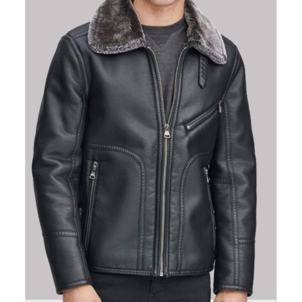 Kartwears Men's Black Leather Faux Shearling Collar Jacket – Front Zip & Pockets