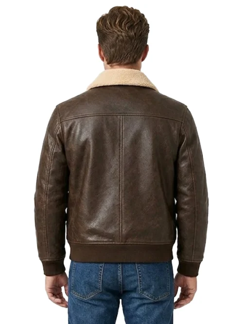 Kartwears Men's Dark Brown Genuine Leather Bomber Jacket – Shearling Collar & Ribbed Cuffs