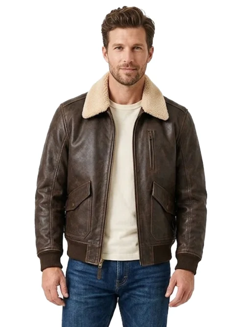 Kartwears Men's Dark Brown Genuine Leather Bomber Jacket – Shearling Collar & Ribbed Cuffs
