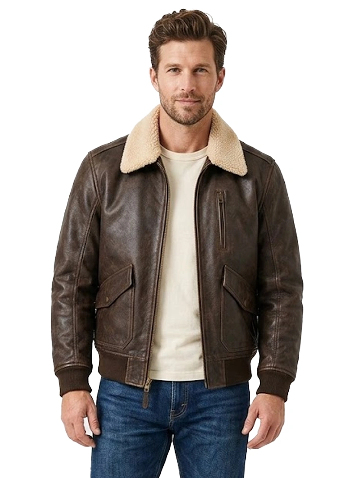 Kartwears Men's Dark Brown Genuine Leather Bomber Jacket – Shearling Collar & Ribbed Cuffs
