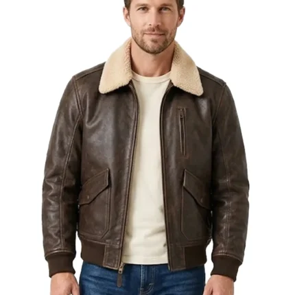 Kartwears Men's Dark Brown Genuine Leather Bomber Jacket – Shearling Collar & Ribbed Cuffs
