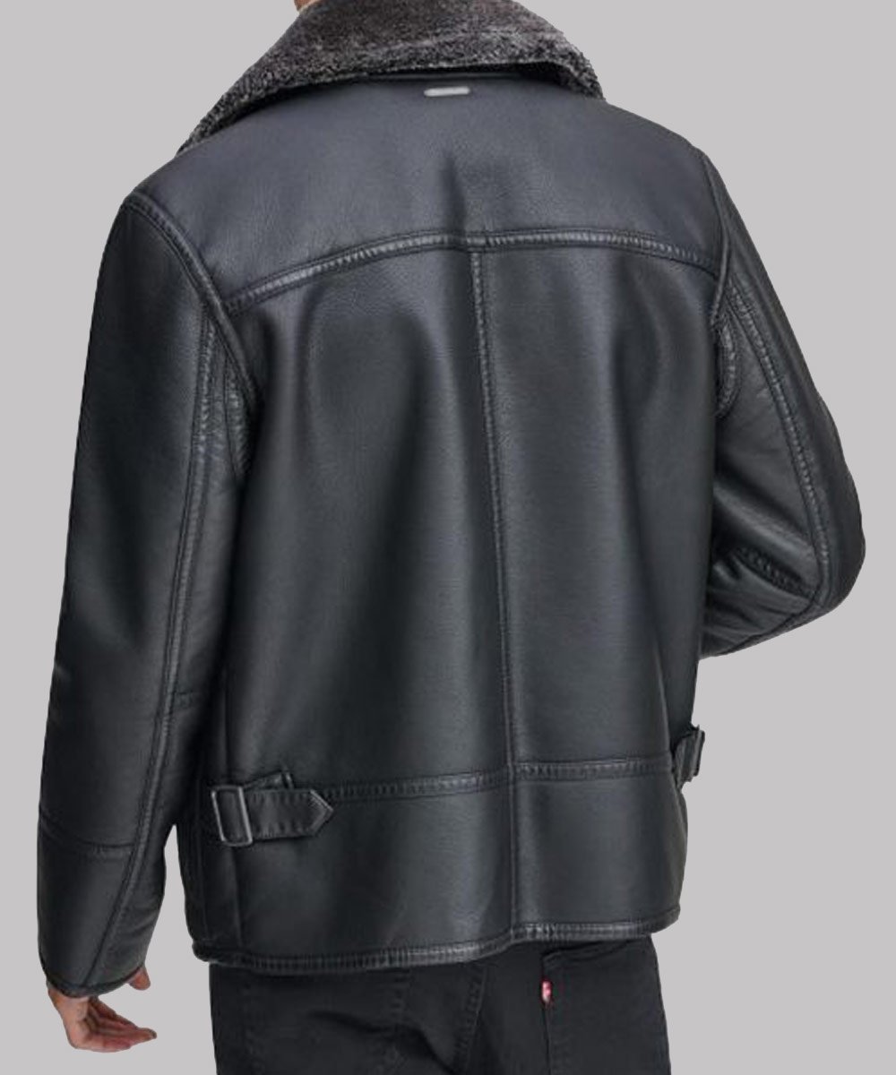 Kartwears Men's Black Leather Faux Shearling Collar Jacket – Front Zip & Pockets - Image 2
