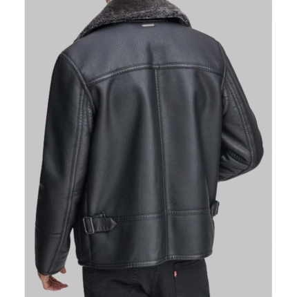 Kartwears Men's Black Leather Faux Shearling Collar Jacket – Front Zip & Pockets
