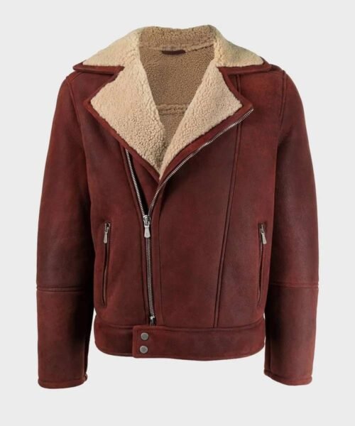 Kartwears Men's Burgundy Sheepskin Leather Shearling Jacket – Asymmetrical Zip