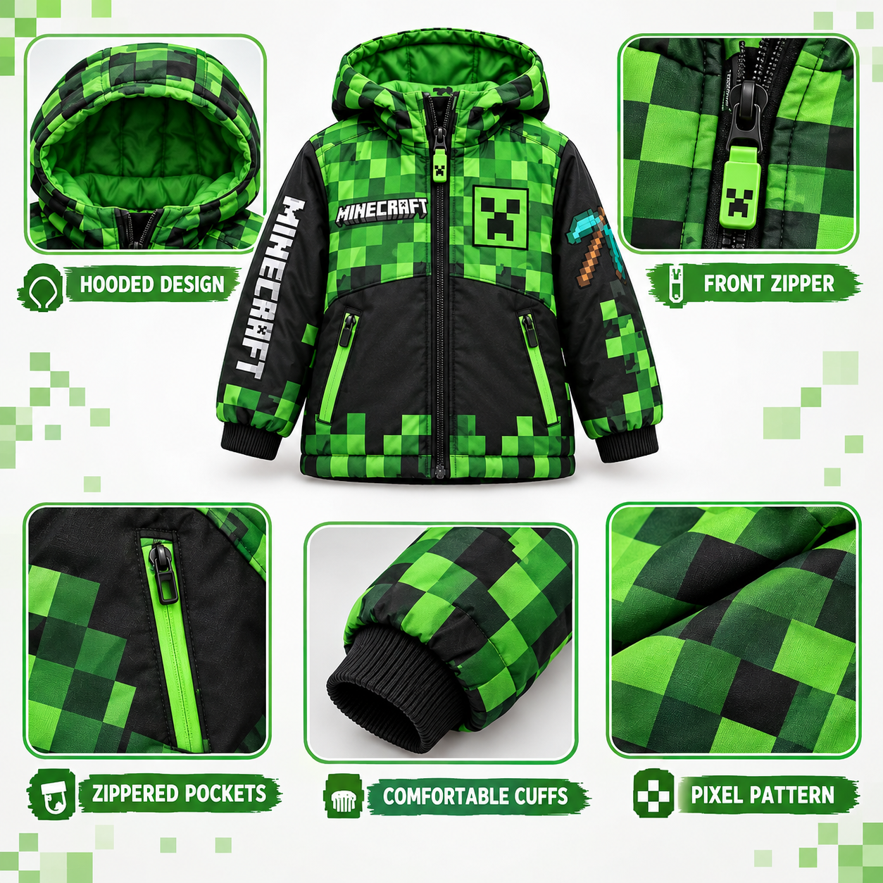 Kids Minecraft Creeper Winter Jacket| Gaming Outerwear