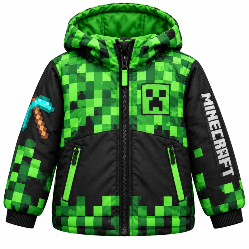 Minecraft Creeper Pixel Camo Winter Jacket – Kids Digital Print Puffer Coat - Thumbnail Image 1
