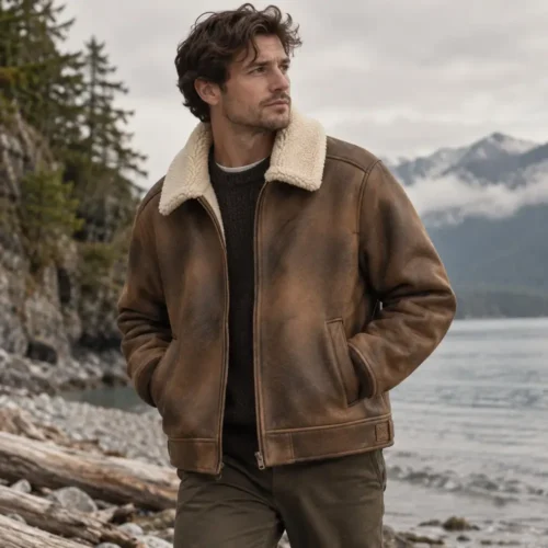 Kartwears Men's Sherpa-Lined Faux Nubuck Aviator Jacket – Zip Front & Shearling Collar