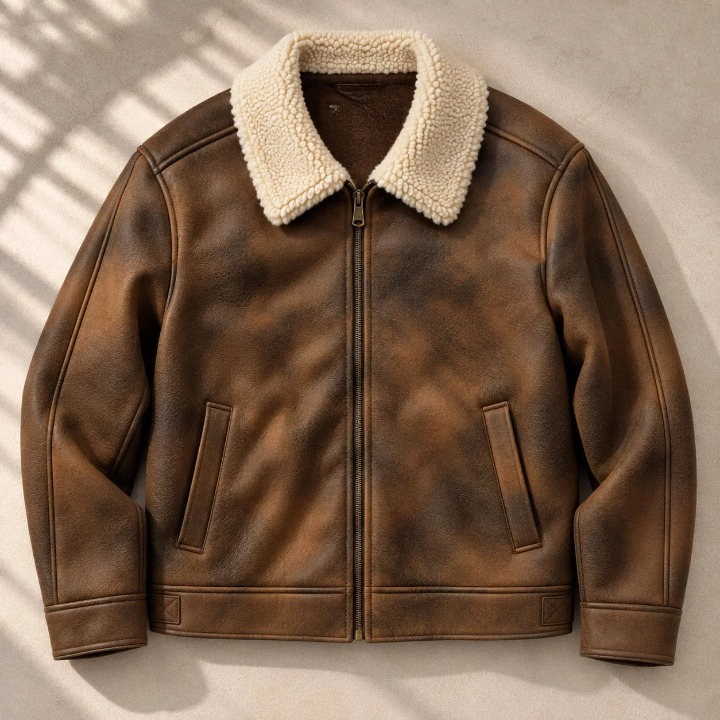 Kartwears Men's Sherpa-Lined Faux Nubuck Aviator Jacket – Zip Front & Shearling Collar