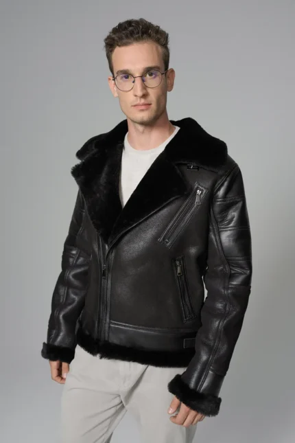Kartwears Men's Shearling Leather Moto Jacket – Asymmetrical Zip & Contrast Trim