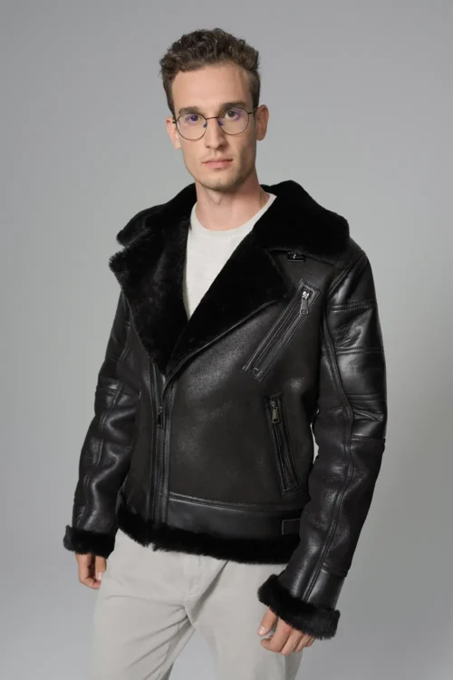 Kartwears Men's Shearling Leather Moto Jacket – Asymmetrical Zip & Contrast Trim