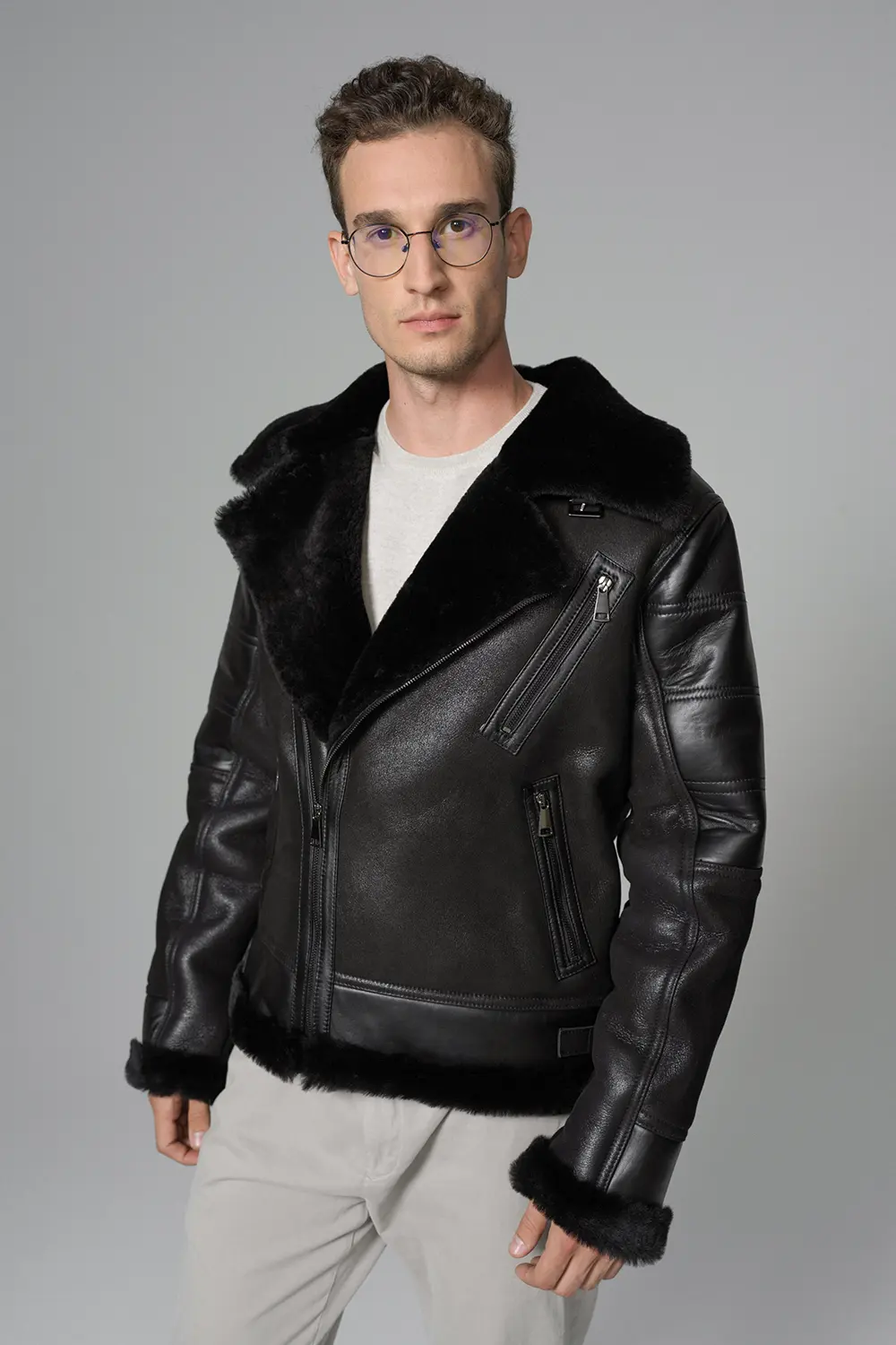Kartwears Men's Shearling Leather Moto Jacket – Asymmetrical Zip & Contrast Trim