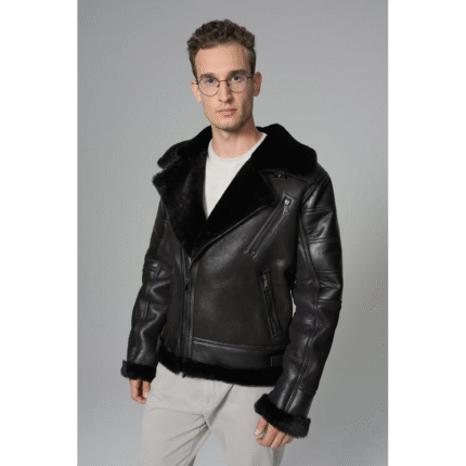 Kartwears Men's Shearling Leather Moto Jacket – Asymmetrical Zip & Contrast Trim