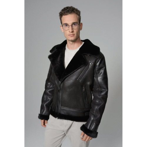 Kartwears Men's Shearling Leather Moto Jacket – Asymmetrical Zip & Contrast Trim