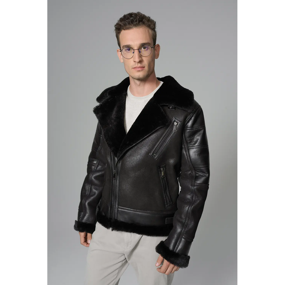 Kartwears Men's Shearling Leather Moto Jacket – Asymmetrical Zip & Contrast Trim